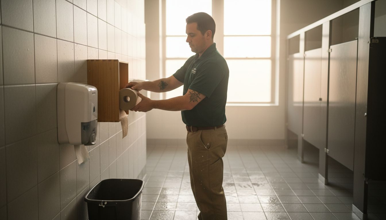 Staff refilling bamboo bathroom dispenser