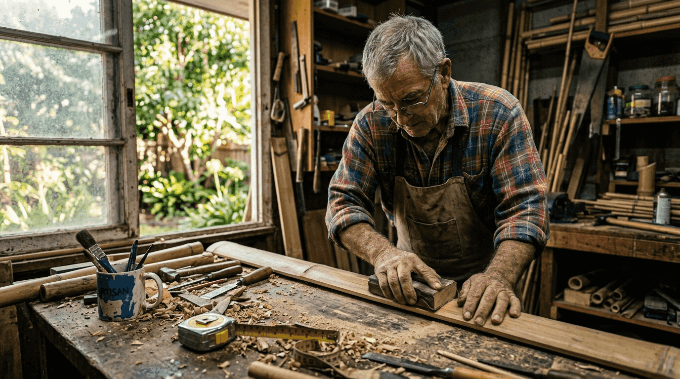 Artisan handcrafting bamboo plank in workshop