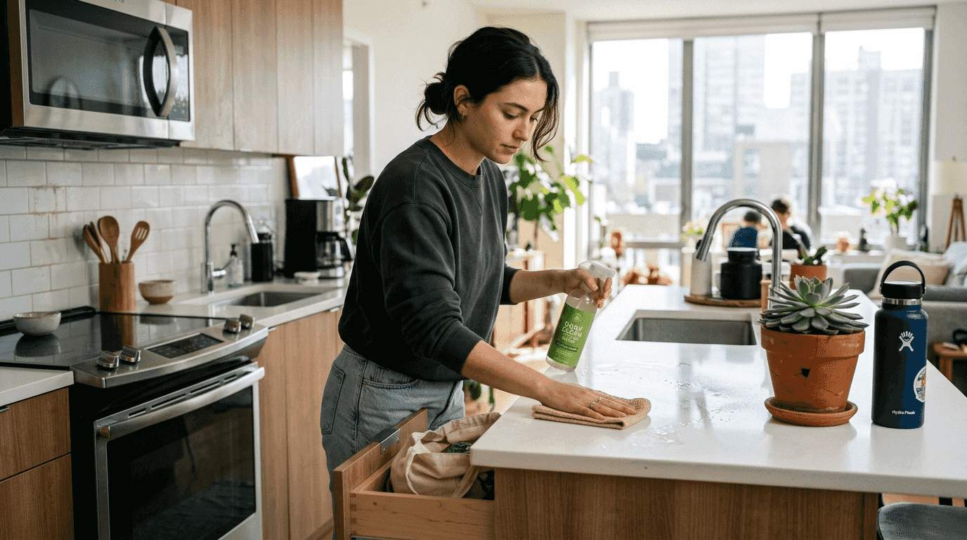 Person cleaning kitchen with eco-friendly products