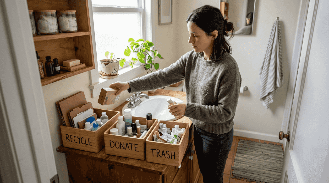 Woman decluttering bathroom with eco-friendly bins