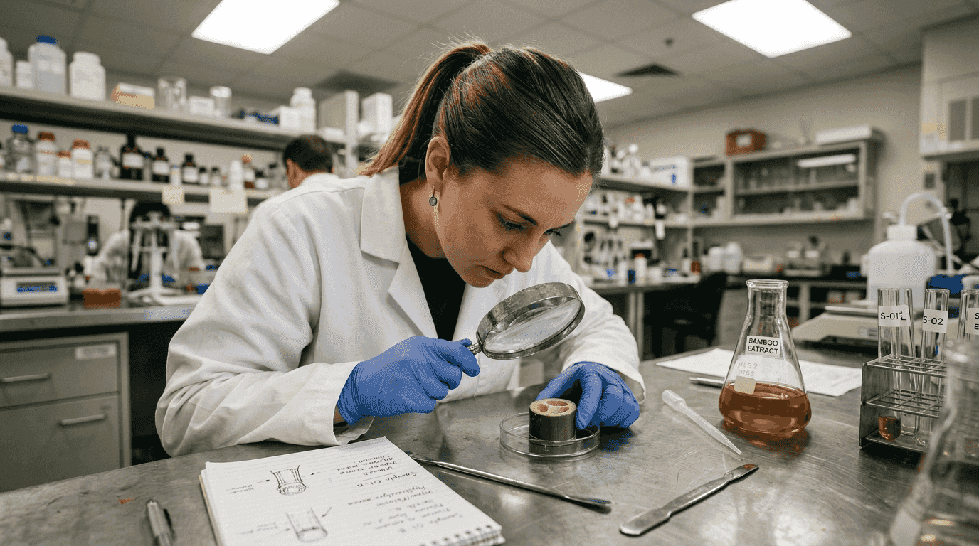 Technician analyzing bamboo slice in laboratory