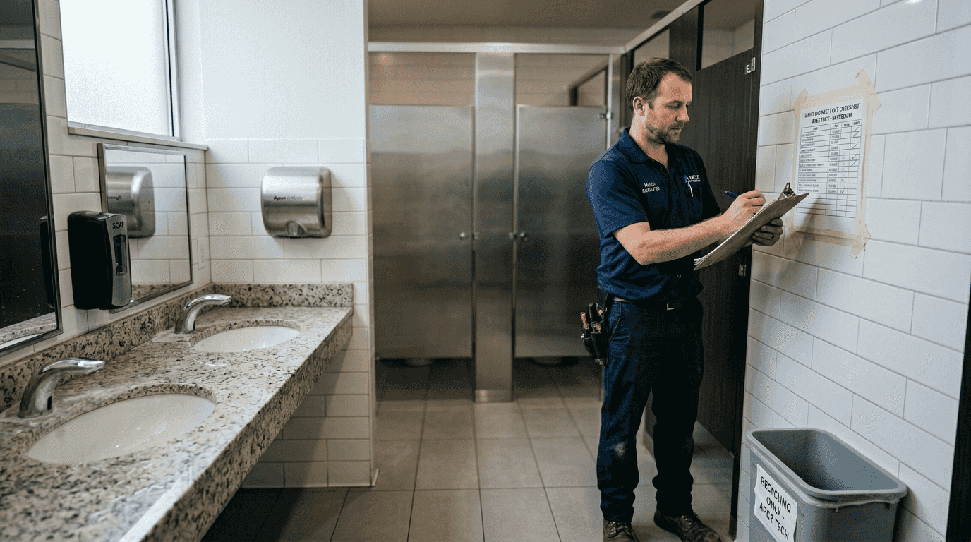 Manager checks hygiene list in office restroom