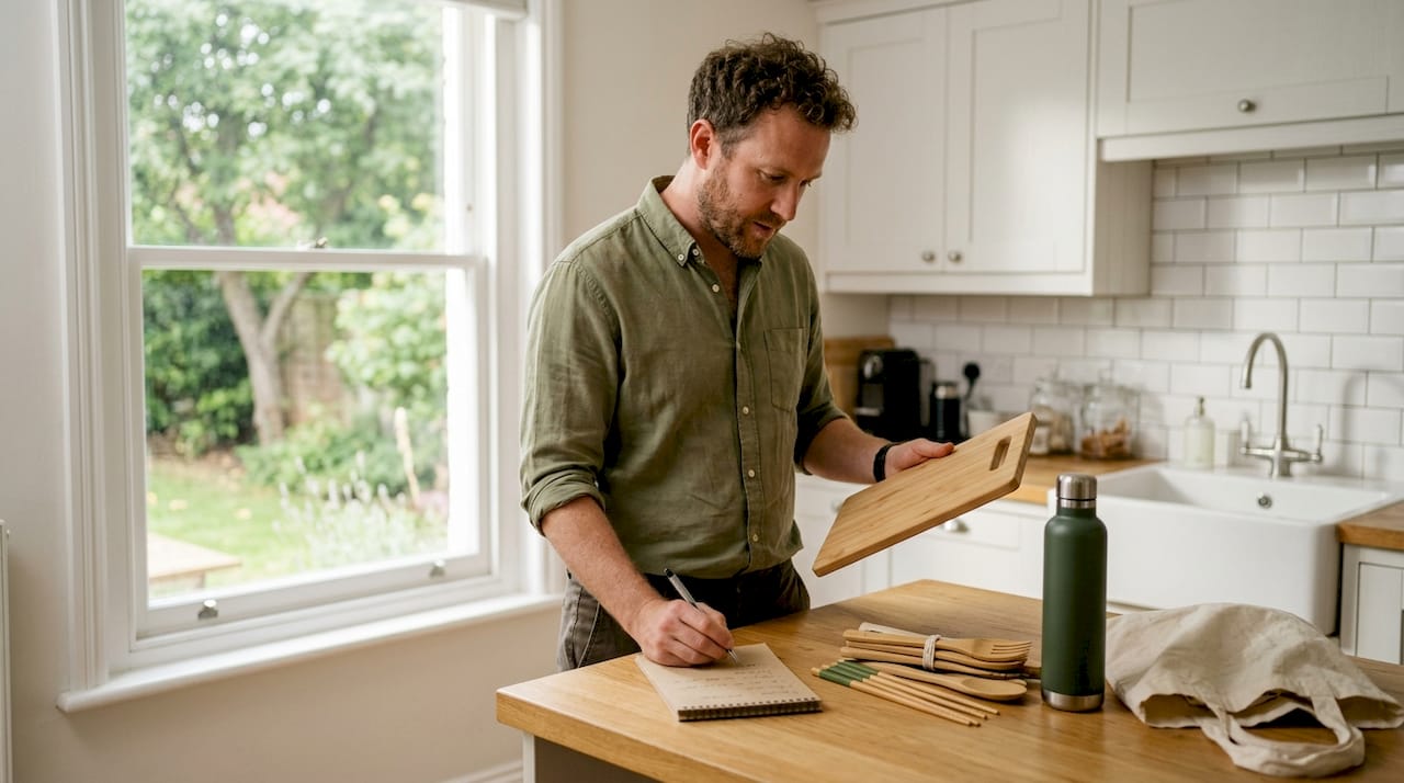 Consultant reviewing bamboo products at kitchen table