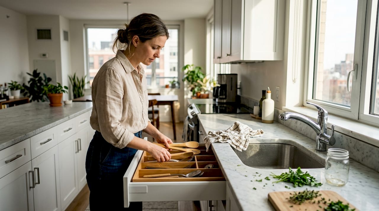 Woman organizing eco-friendly kitchen utensils