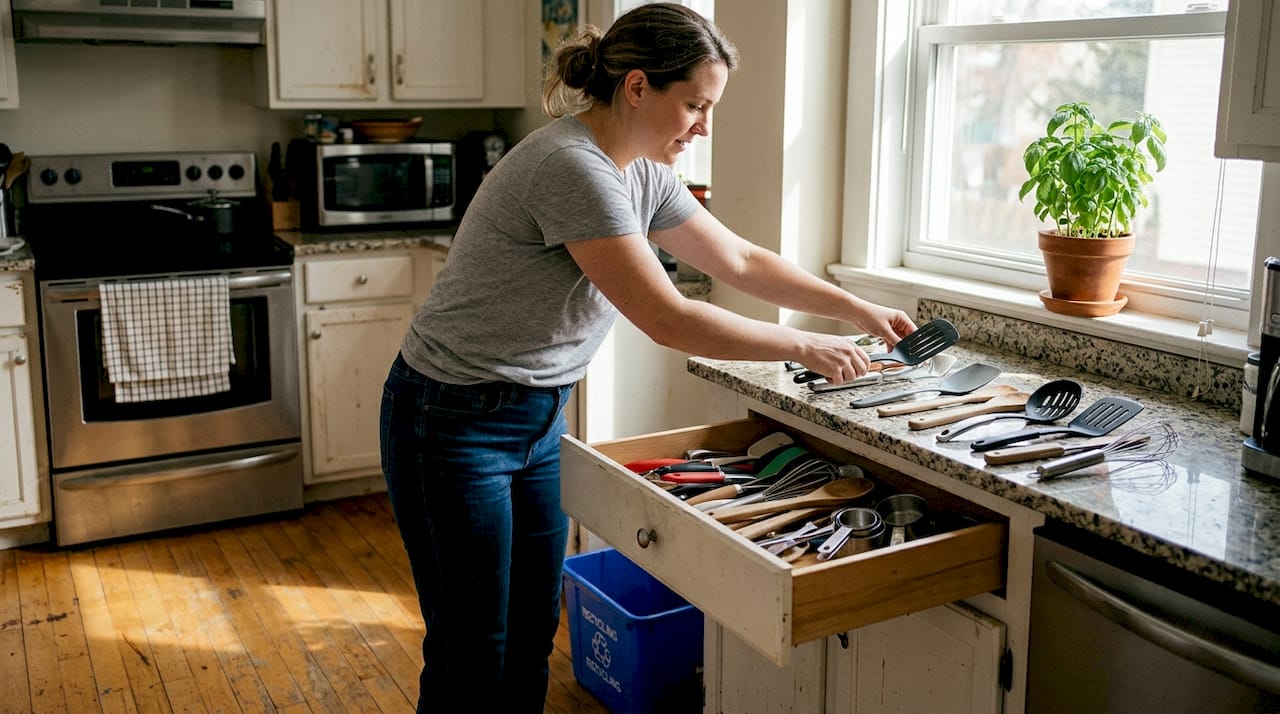 Person decluttering deep kitchen drawer in home