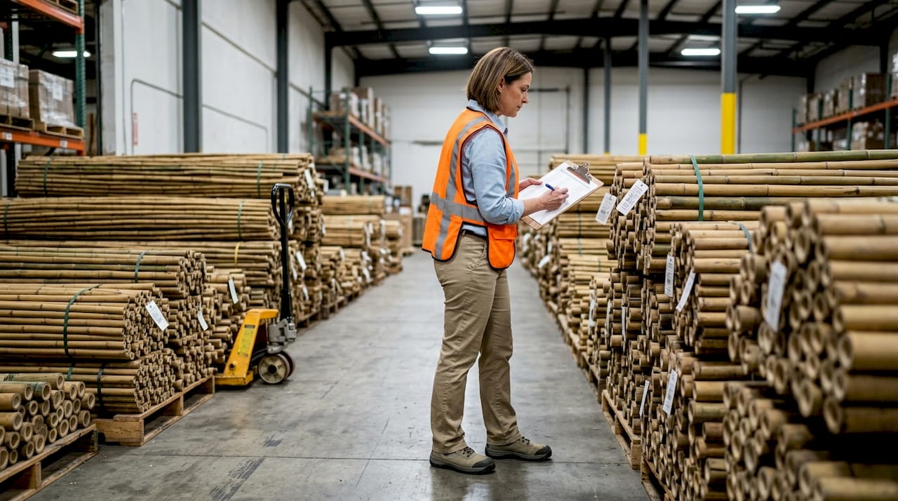 Manager inspecting bamboo in product warehouse