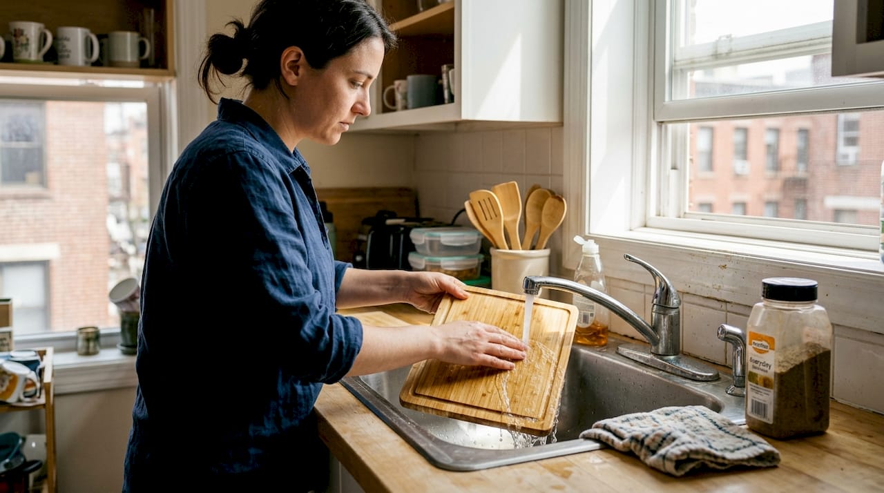Woman using bamboo and plastic in home kitchen