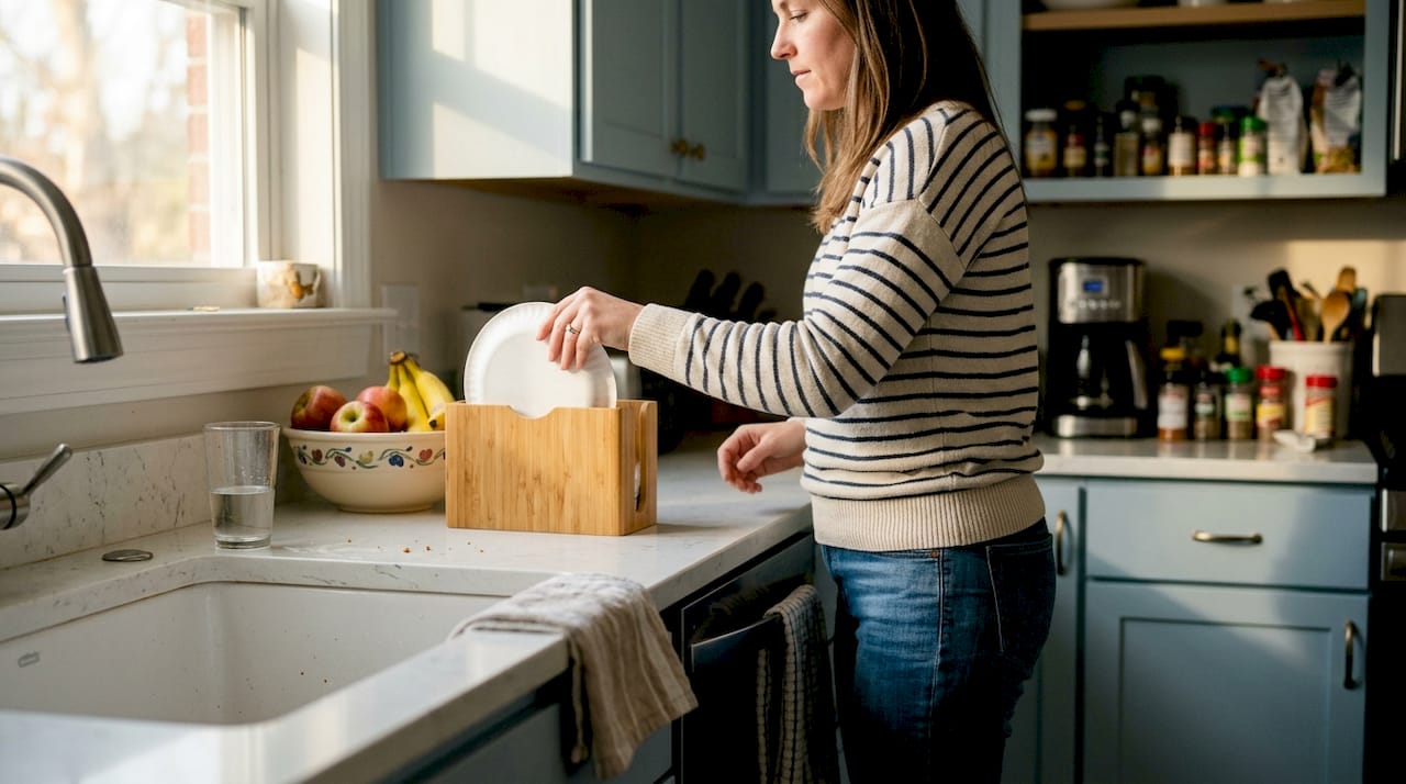 Woman uses bamboo paper plate holder in kitchen