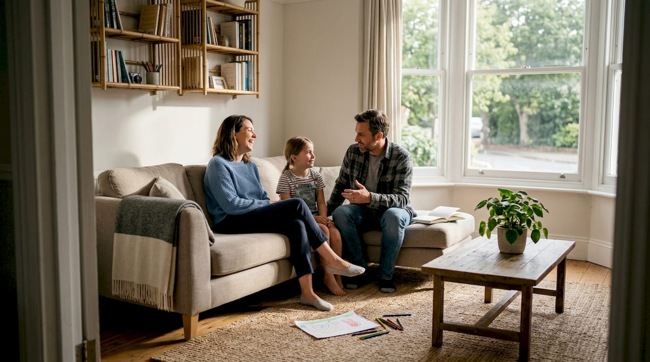 Family in bright room with eco-friendly bamboo decor