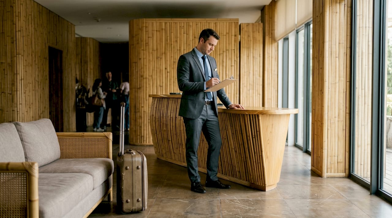 Modern hotel lobby with bamboo paneling and furnishings