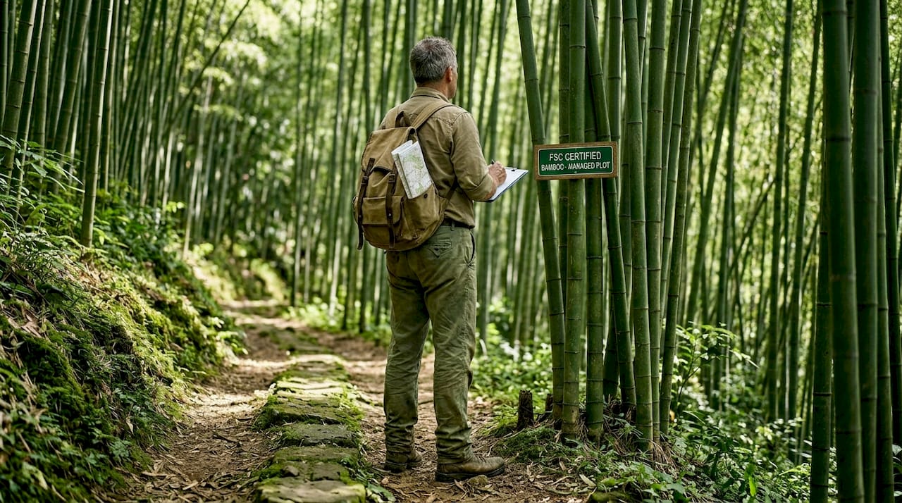 Forestry auditor inspecting FSC bamboo grove