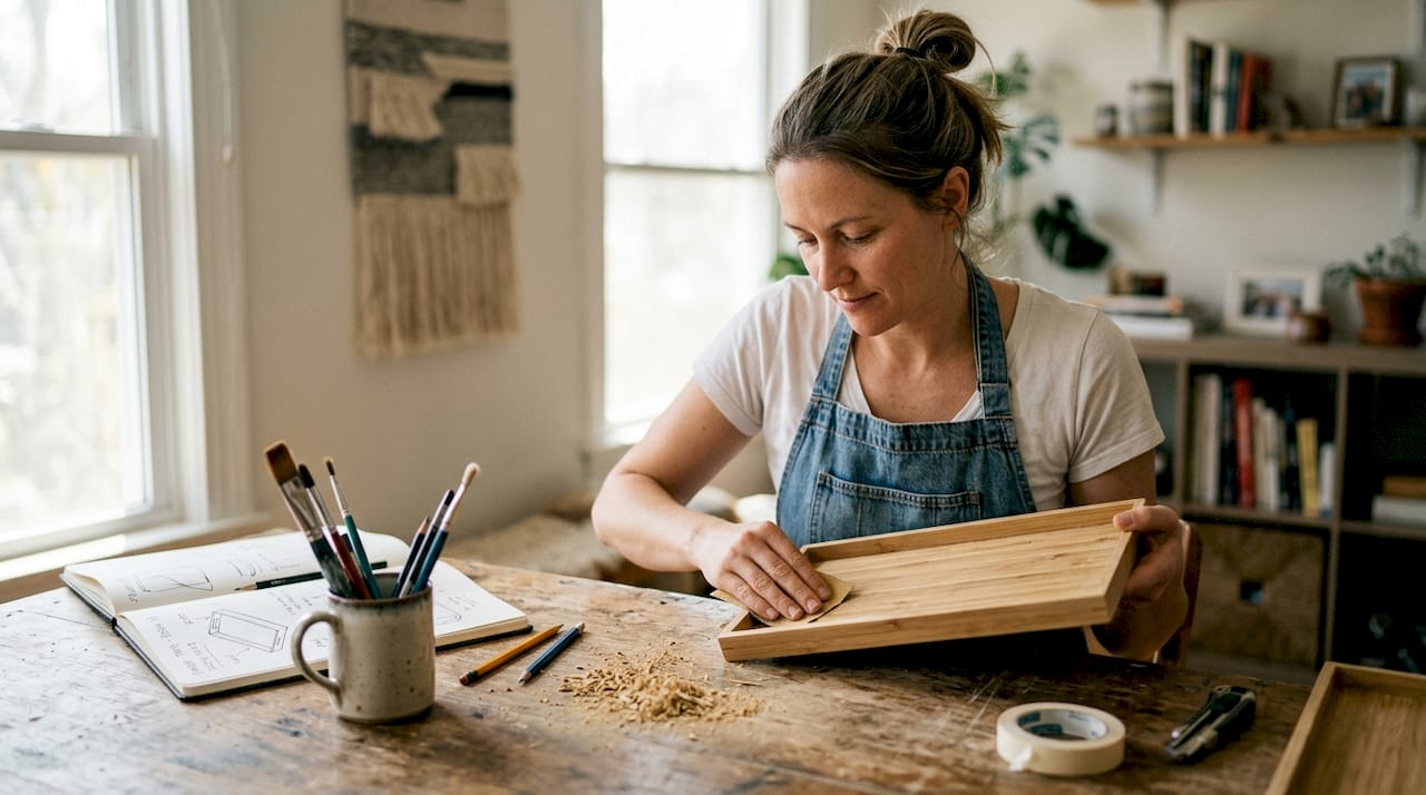 Artisan sanding handcrafted bamboo tray