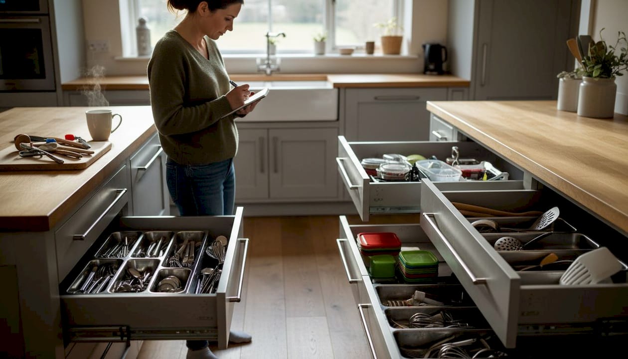Woman assessing kitchen drawer organization