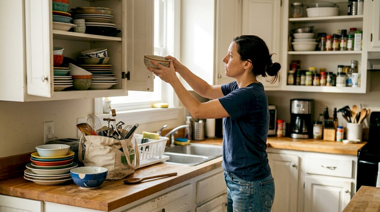 Woman organizing kitchen cupboards sustainably