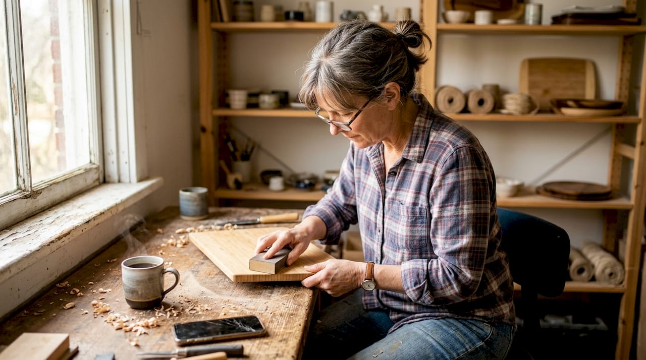 Artisan sanding bamboo board in home workshop