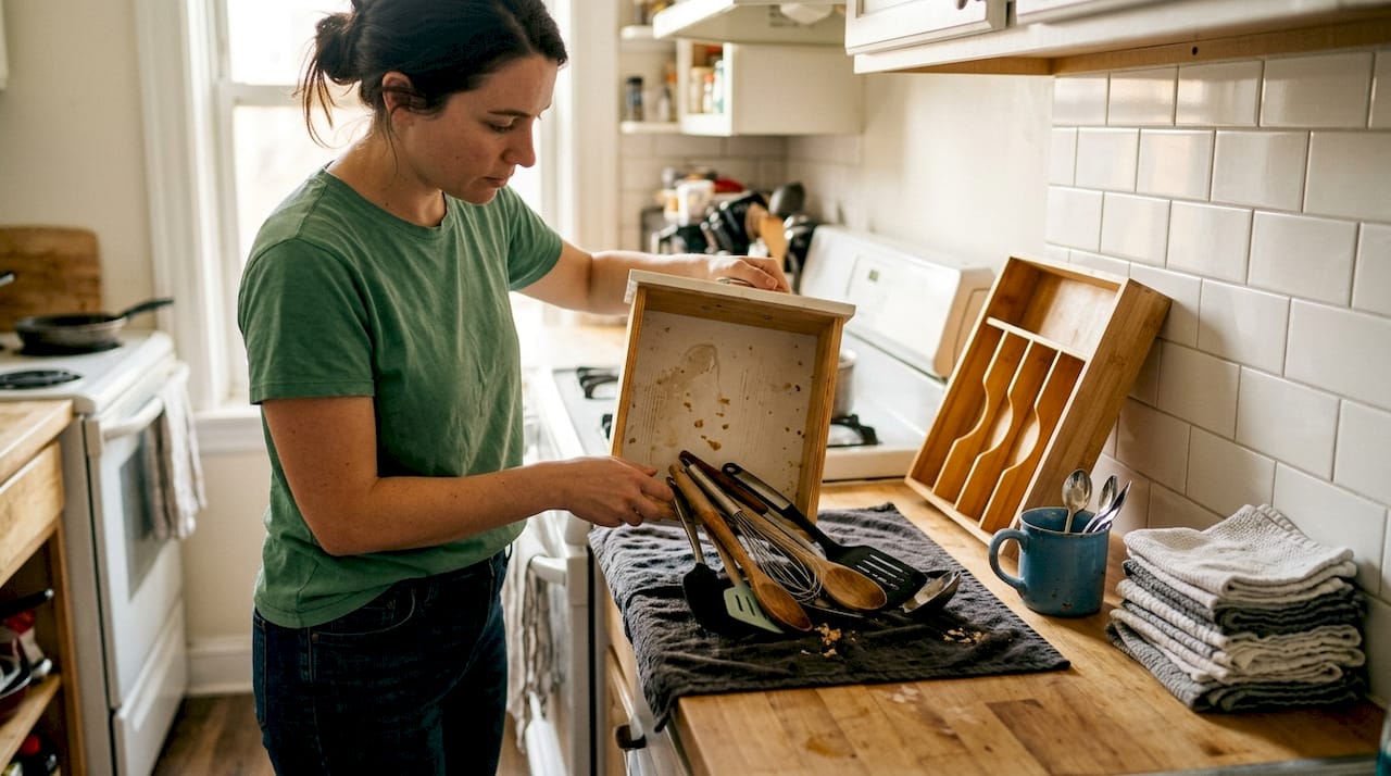 Woman sorting utensils during kitchen drawer cleanout