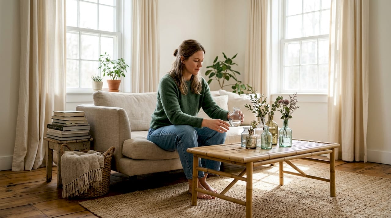Woman arranging eco-friendly living room decor