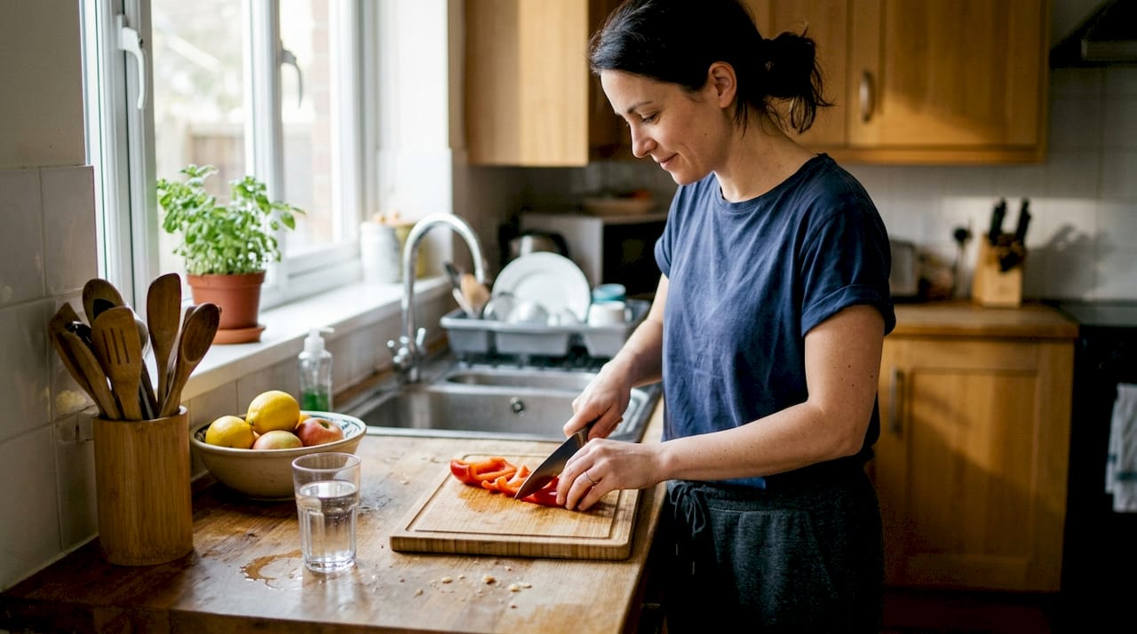 Person using bamboo cutting board in kitchen