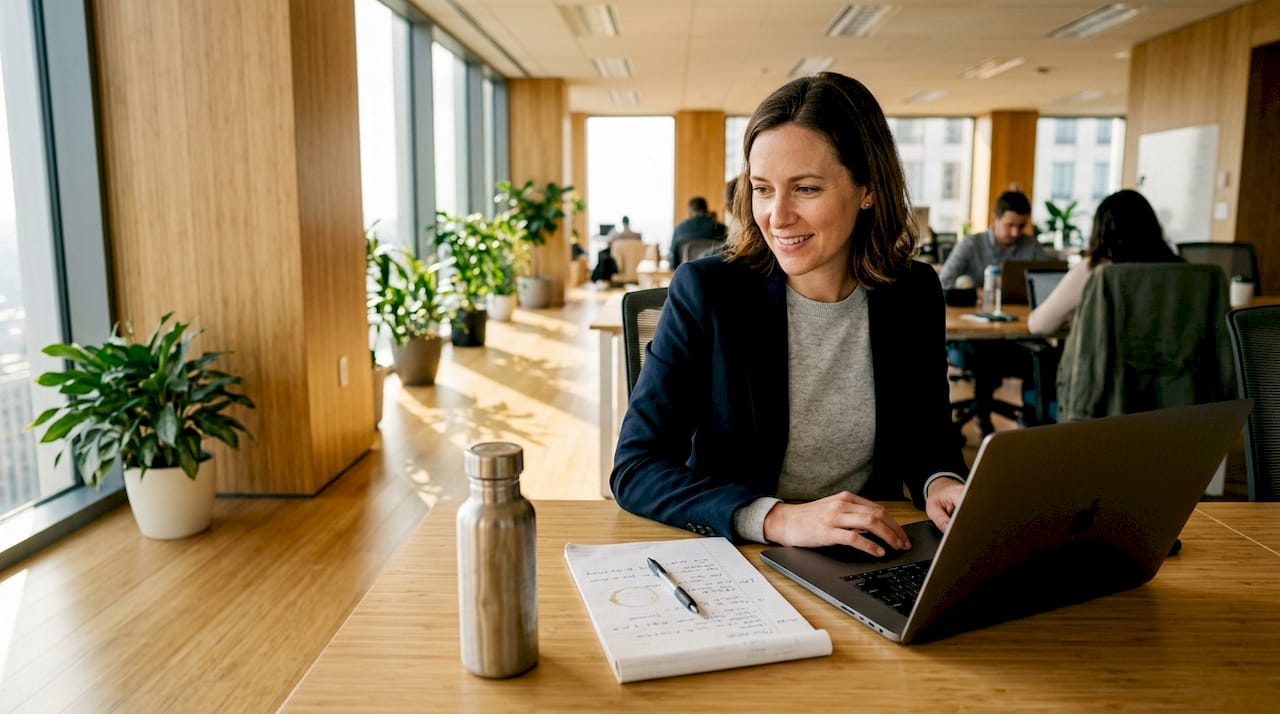 Person working at bamboo desk in office