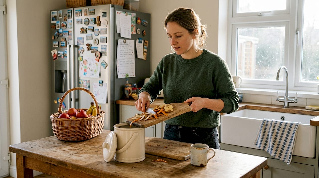 Person adding kitchen scraps to compost bin