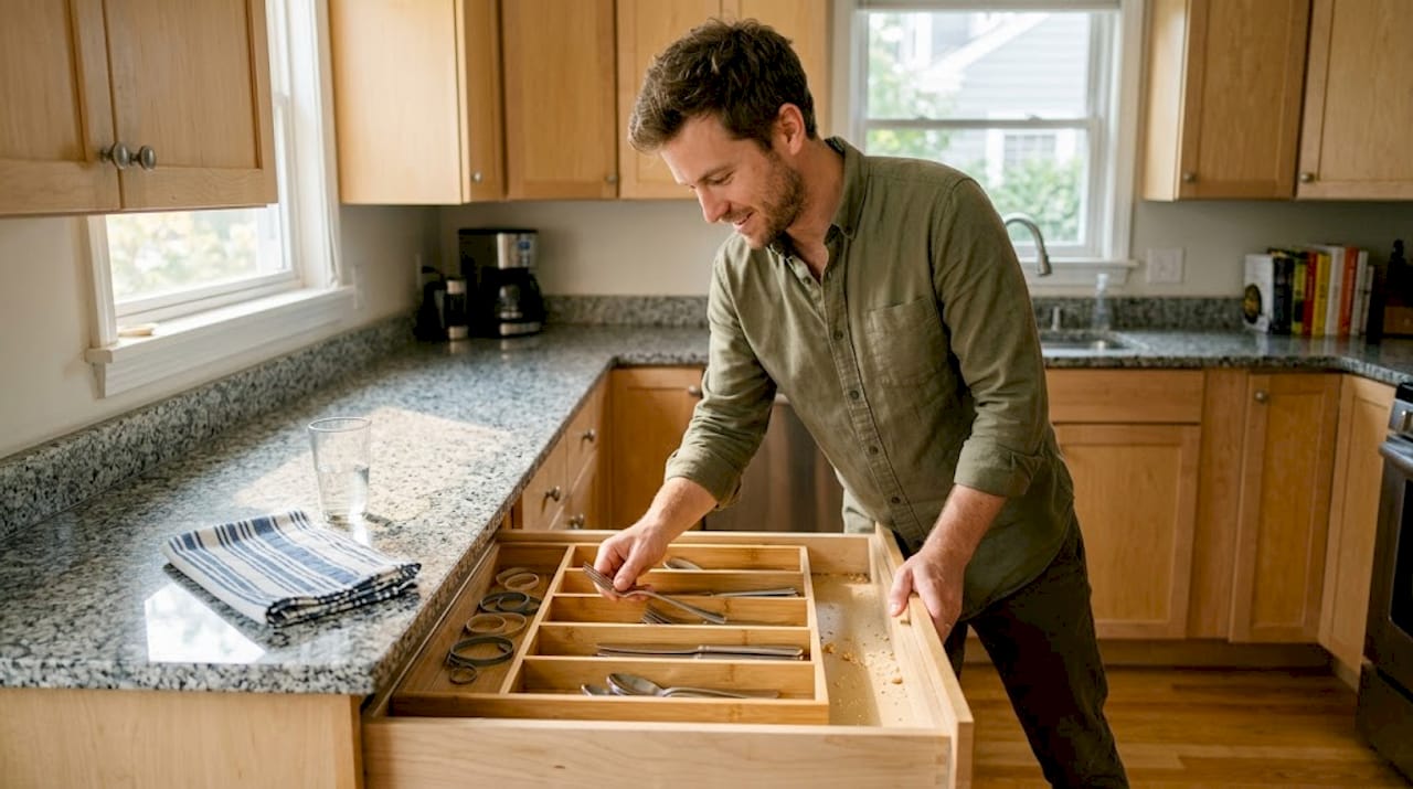 Sorting utensils with bamboo drawer dividers