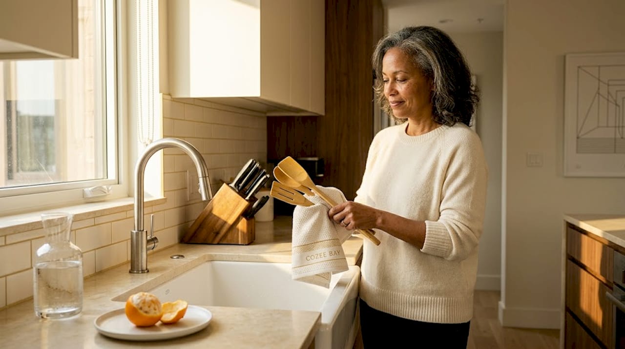 Person cleaning bamboo utensils in bright kitchen