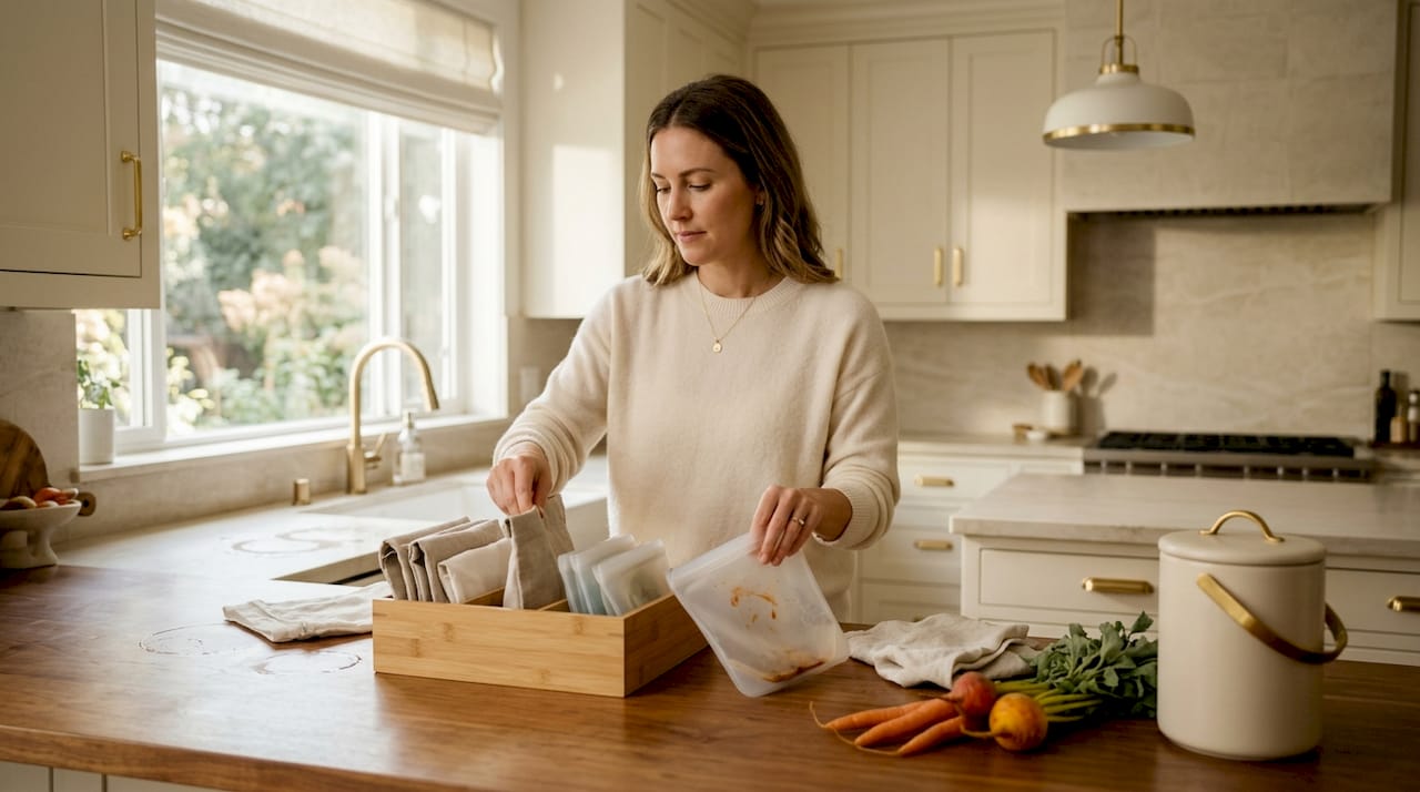 Sorting reusable bags in an eco kitchen