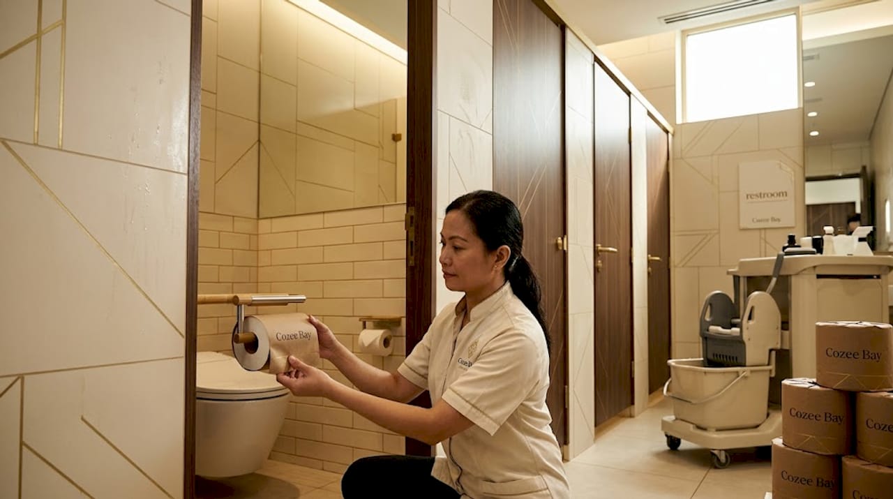 Manager checks stylish commercial toilet paper holder