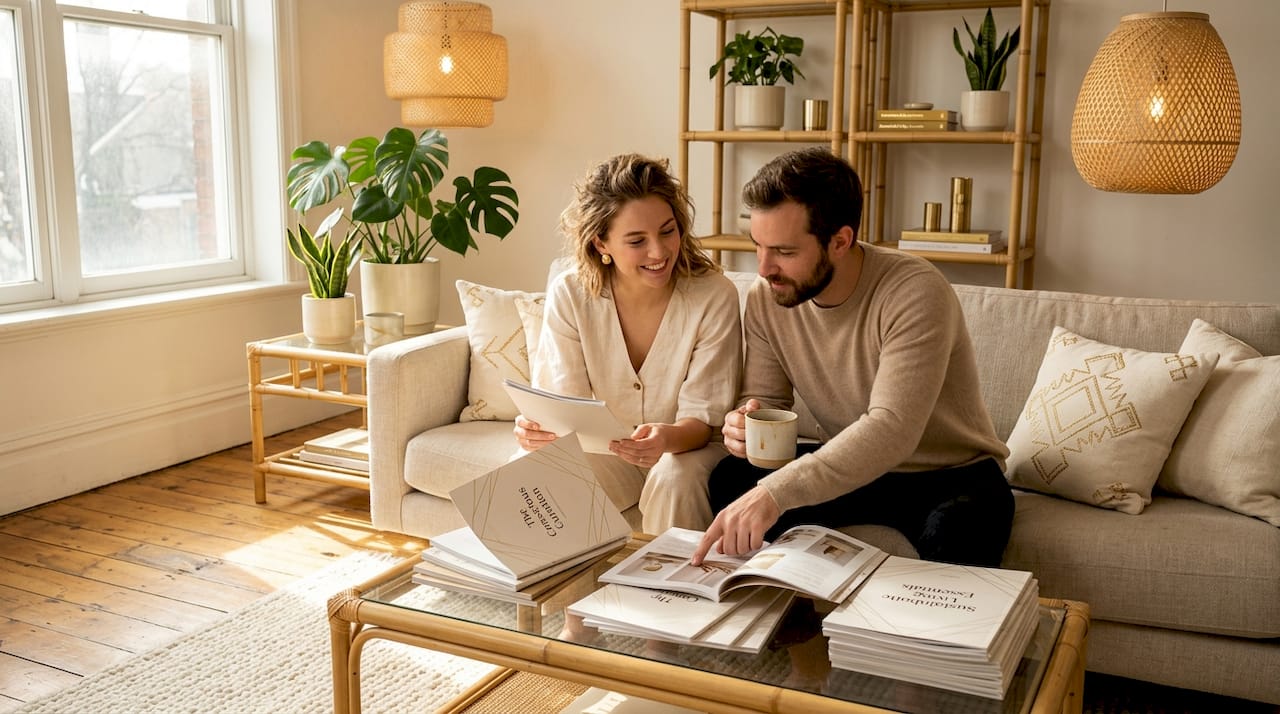 Couple in living room with bamboo decor