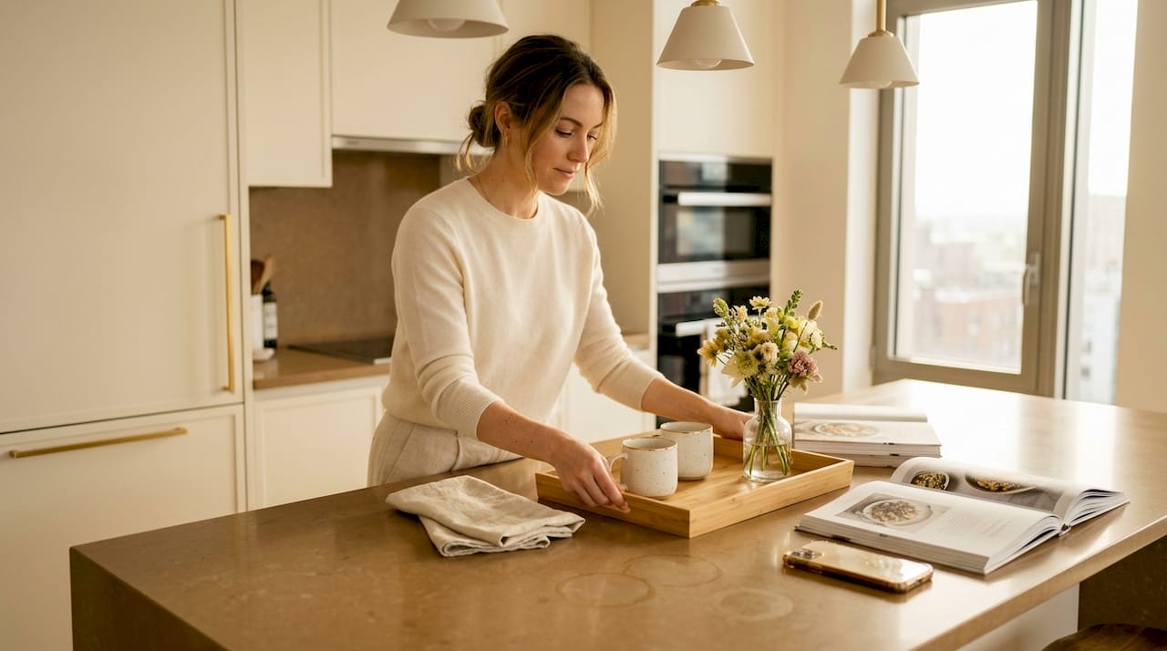 Woman placing bamboo tray on kitchen island