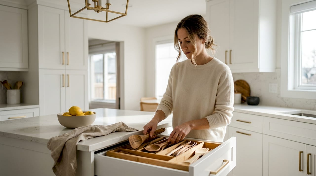 Sorting utensils into bamboo organizer in kitchen