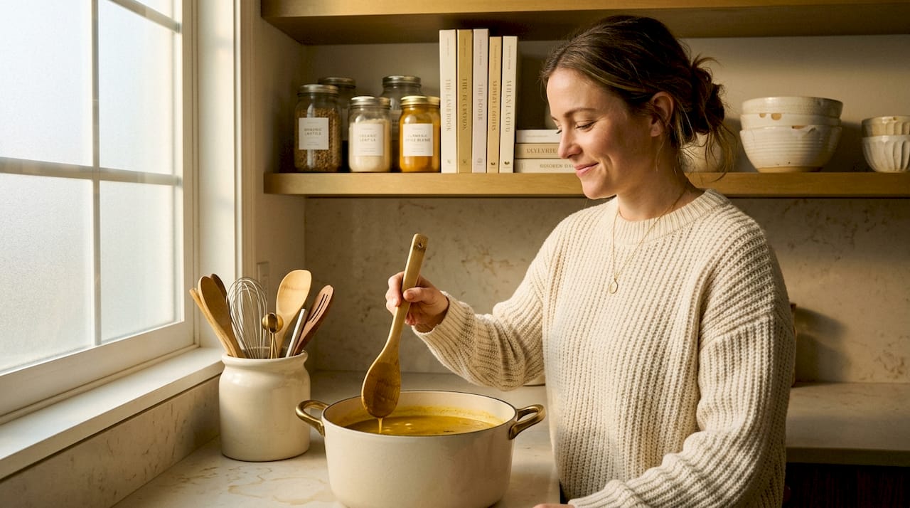 Woman cooking in kitchen with bamboo spoon
