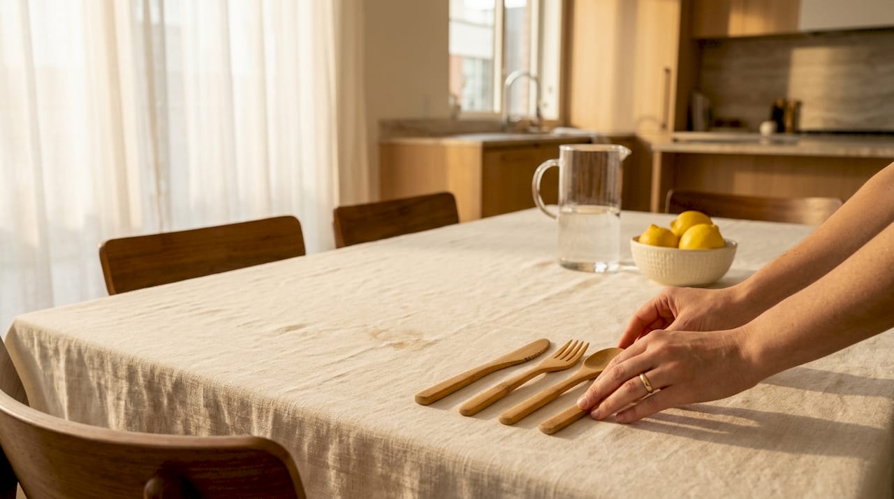 Setting bamboo flatware on elegant table