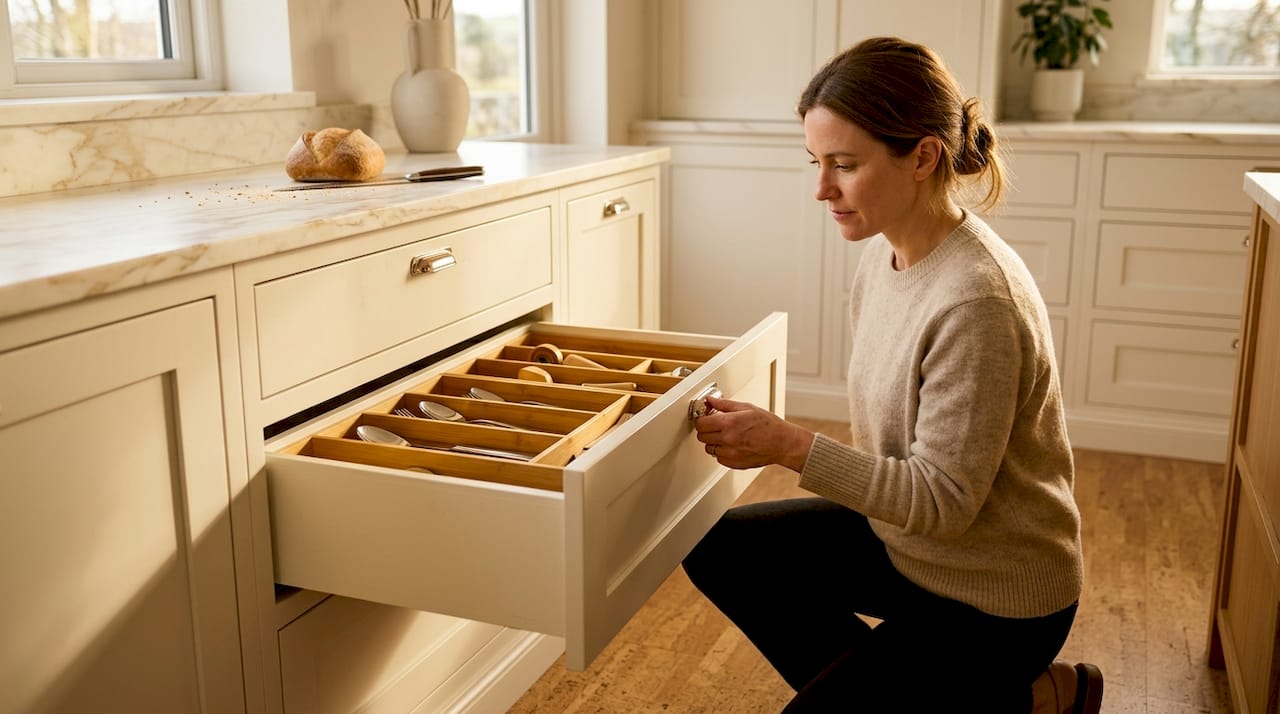 Woman organizing deep kitchen drawer with bamboo dividers
