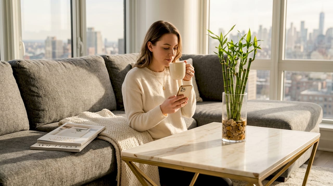 Lucky bamboo glass vessel in city living room