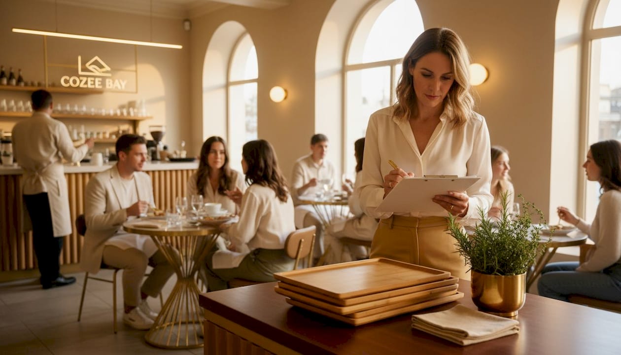 Restaurant manager checks bamboo serving trays