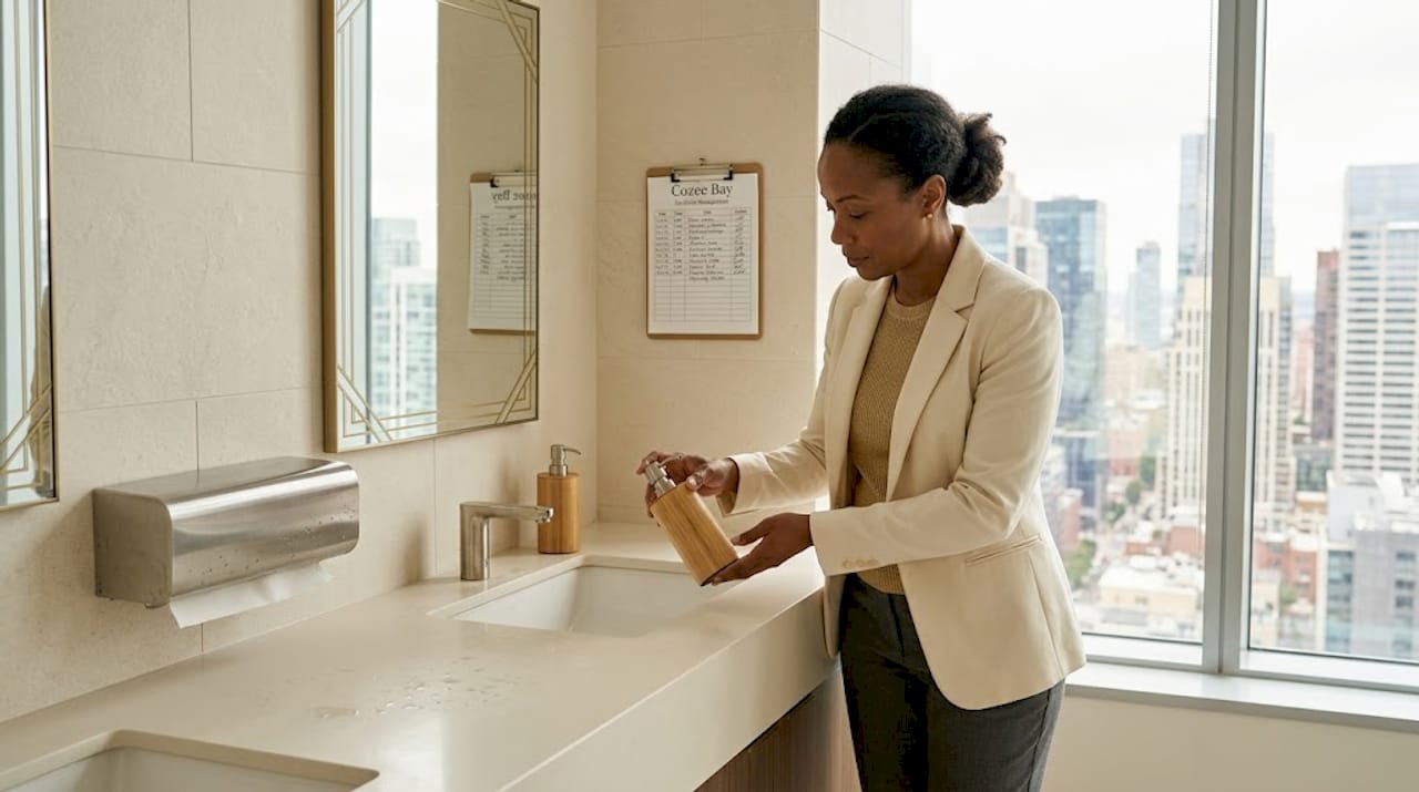 Facilities manager checks bamboo soap dispenser
