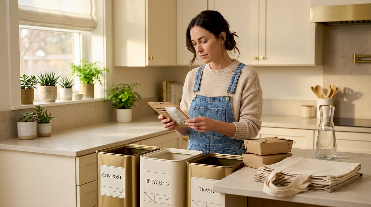 Woman sorting household paper for composting