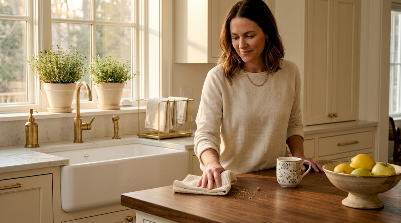 Homeowner cleaning kitchen with reusable paper towel