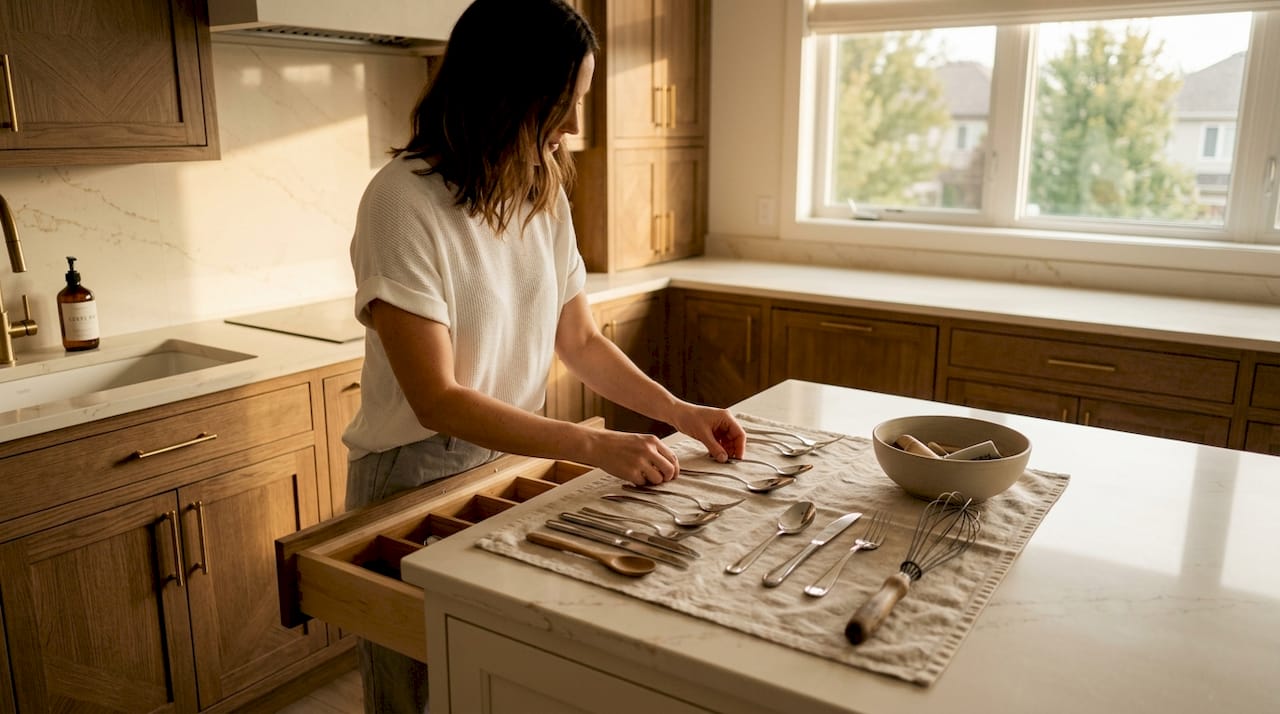 Woman empties cutlery drawer in bright kitchen