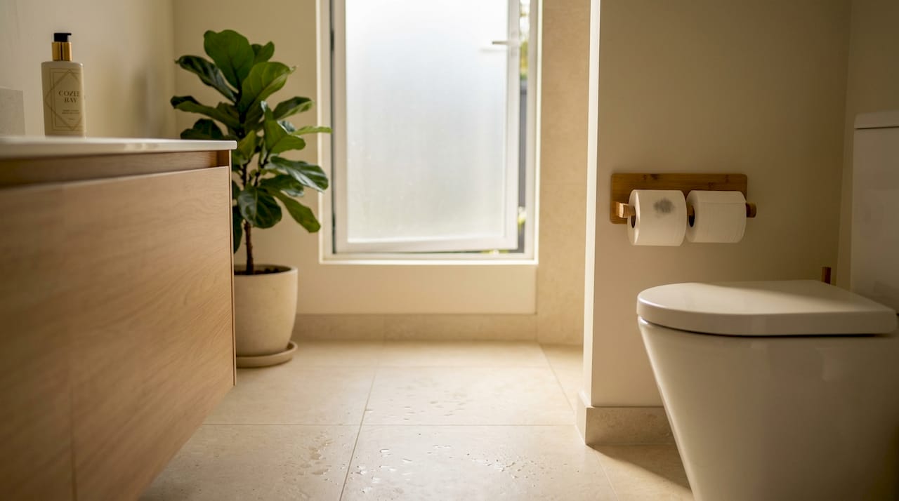 Bamboo toilet paper holder in bright bathroom