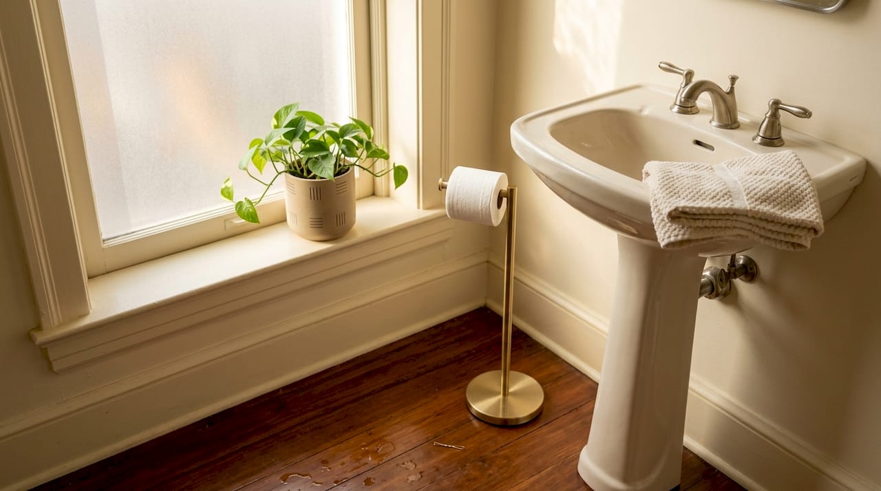 Freestanding toilet paper holder next to sink