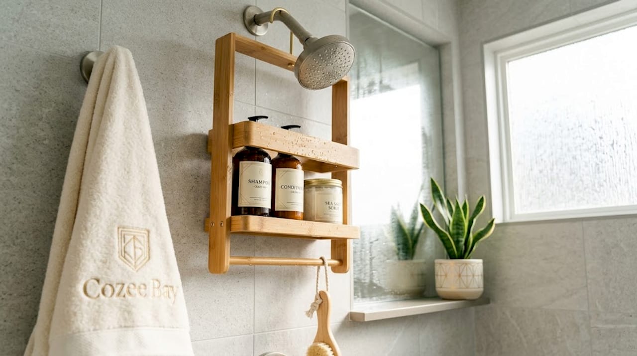 Bamboo shower caddy in real shower setting