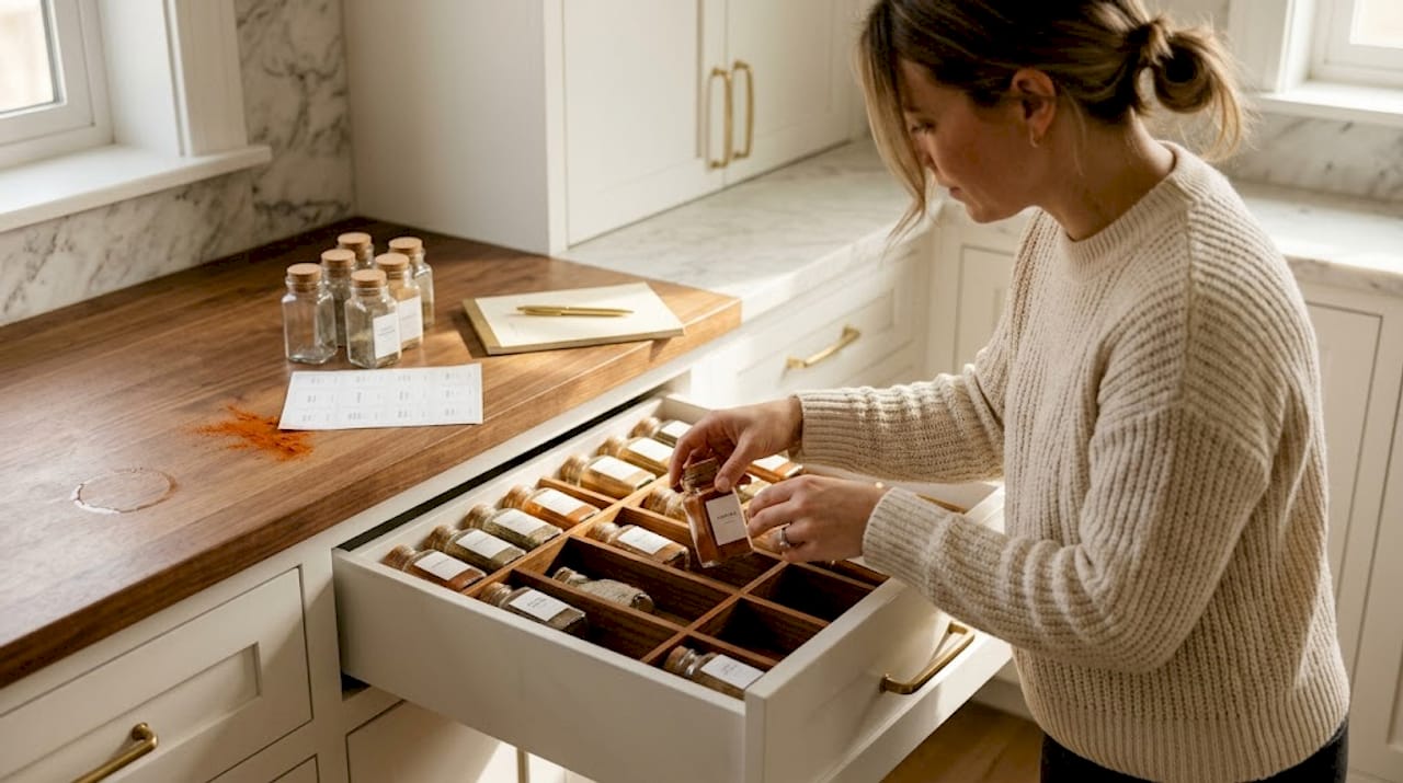Person organizing spice jars in a kitchen drawer