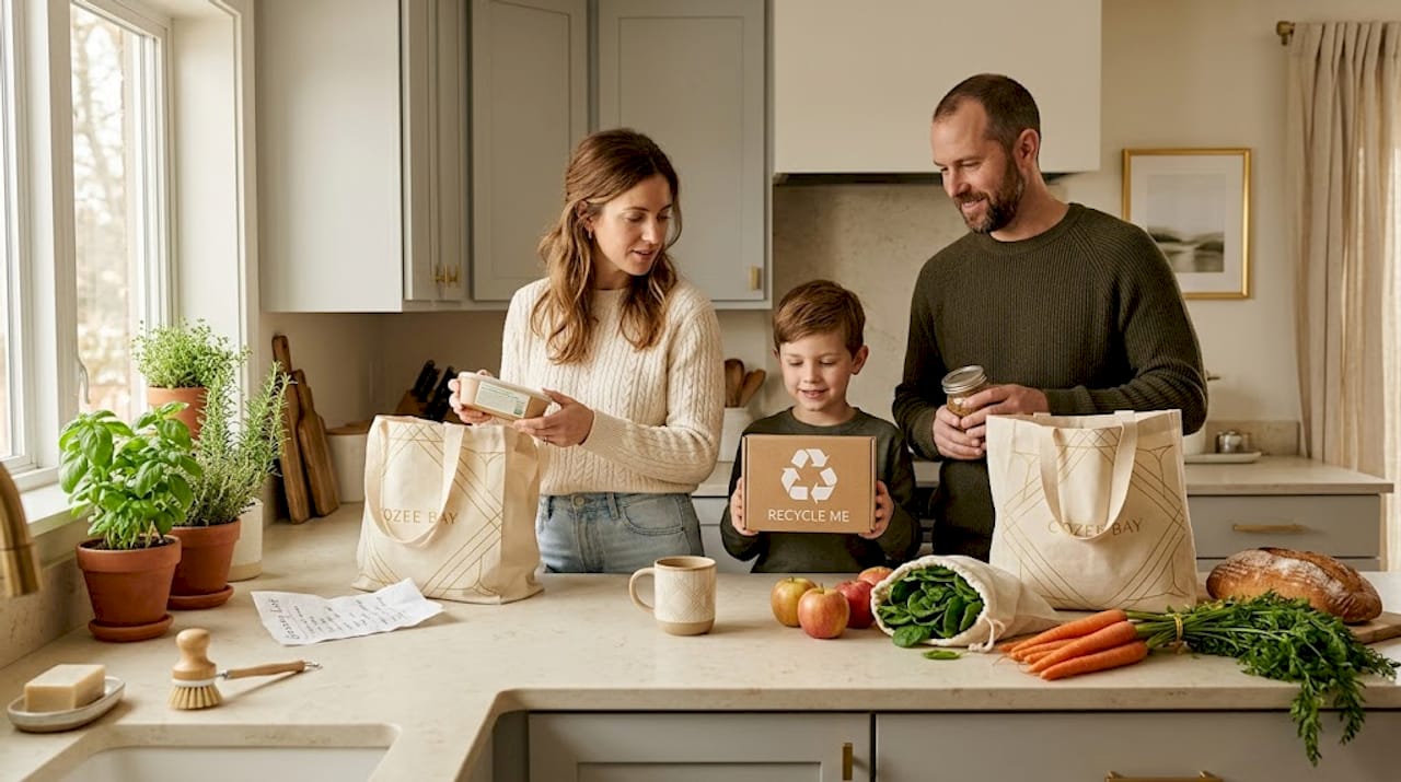 Family unpacking groceries in sunlit kitchen
