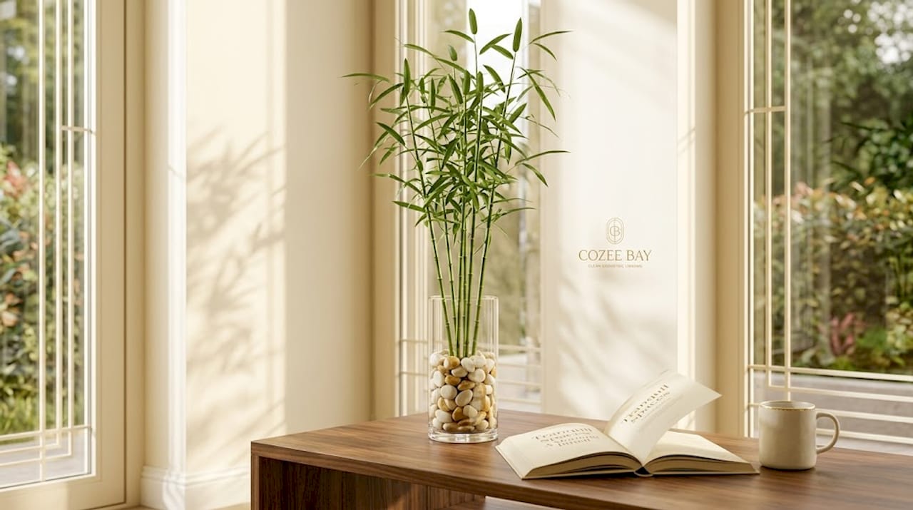 Bamboo in glass vase on coffee table