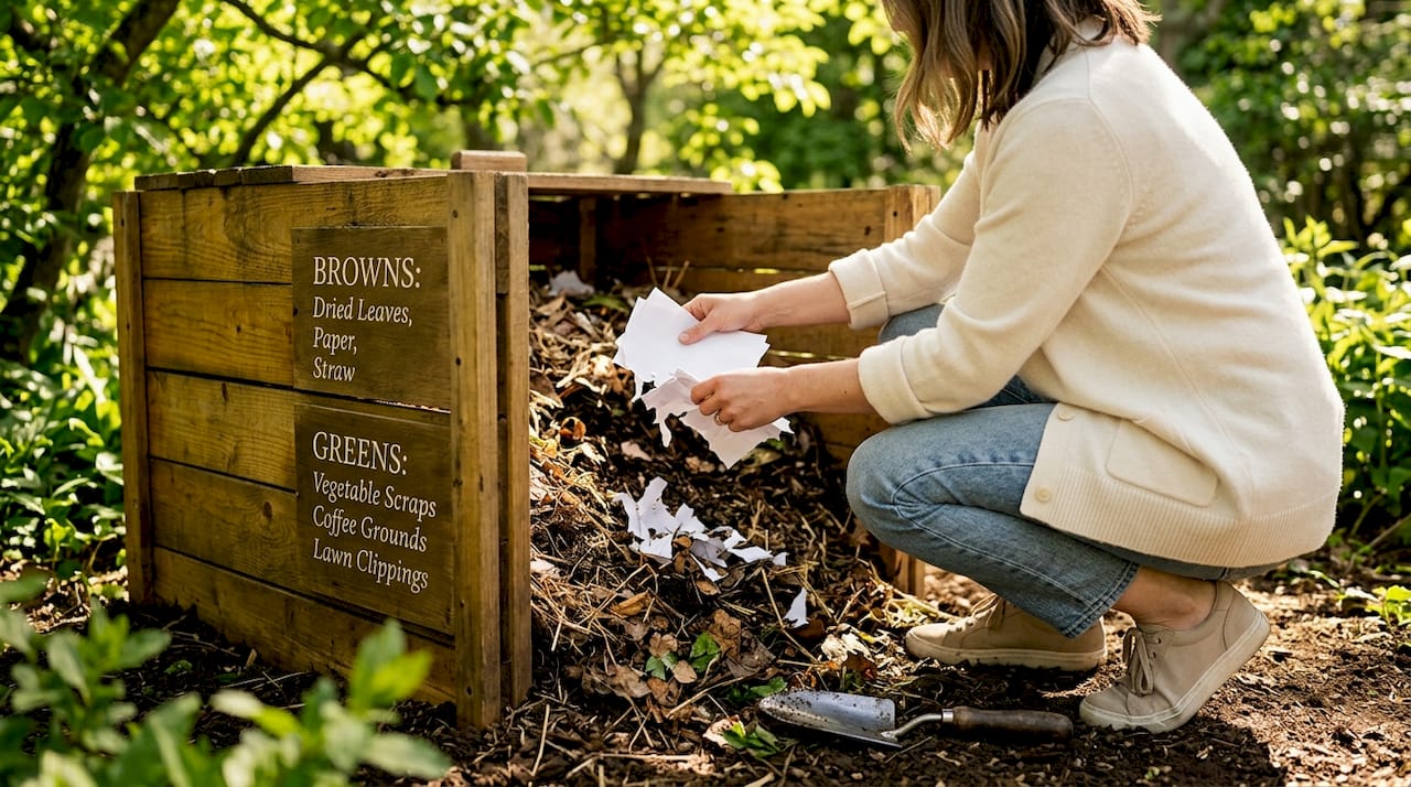 Woman shredding paper for backyard composting