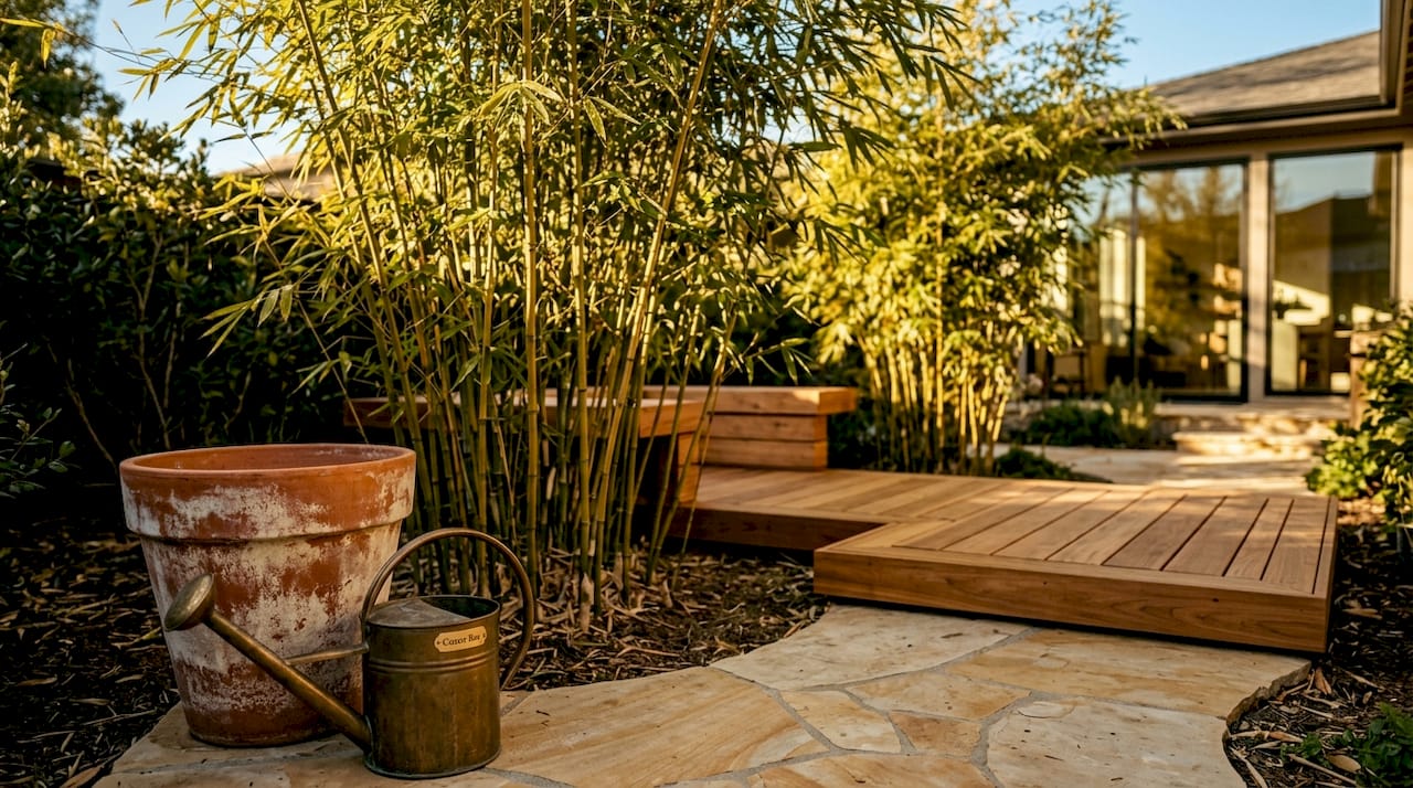 Outdoor sustainable bamboo garden with bench
