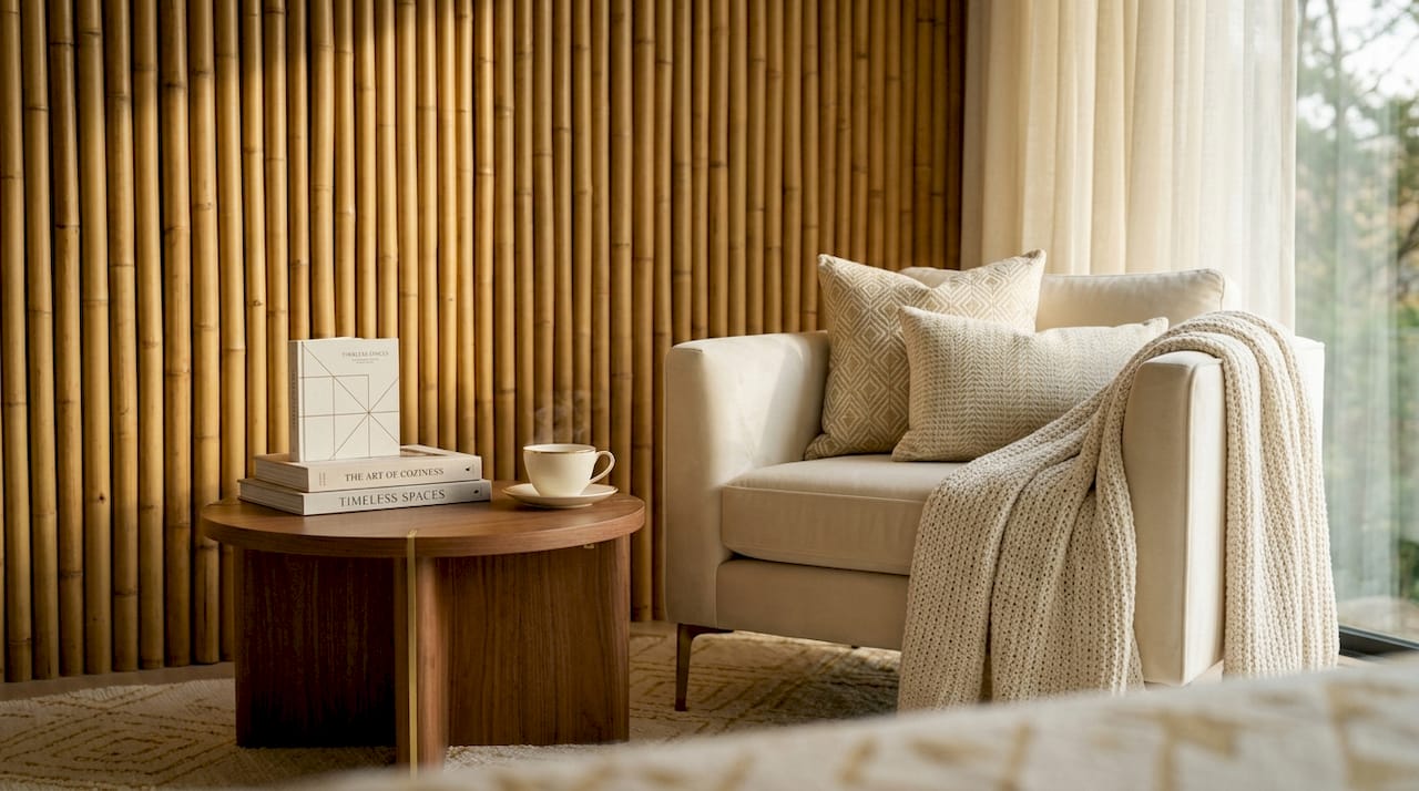 Stylish living room with bamboo feature wall