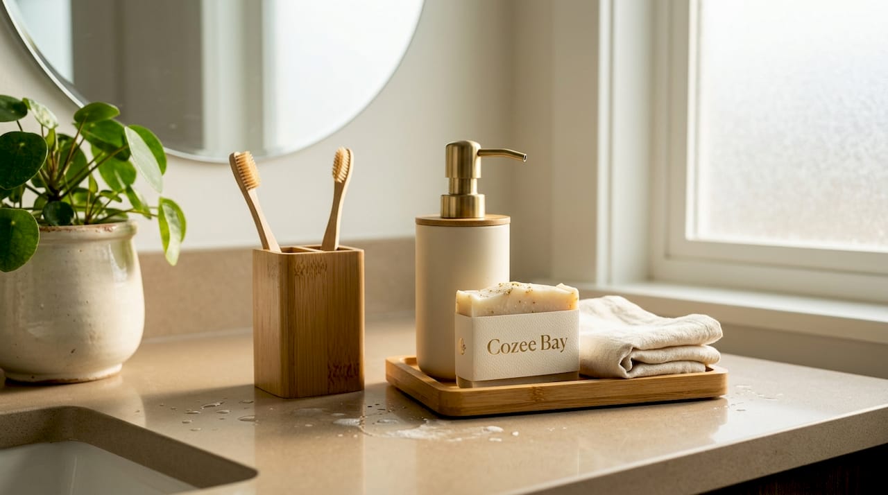 Bamboo bathroom accessories on marble countertop